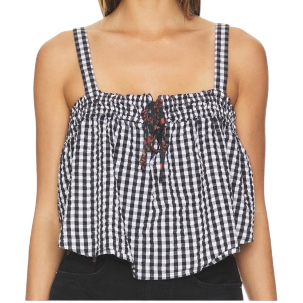 Free People Picnic Party Gingham Cropped Tank Black White Small